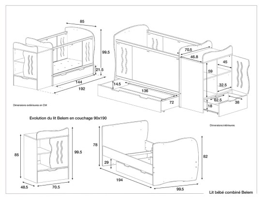 Afmetingen van het witte Belem combi babybed