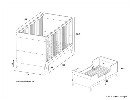 Afmetingen van het Archipel uitbreidbare babybed