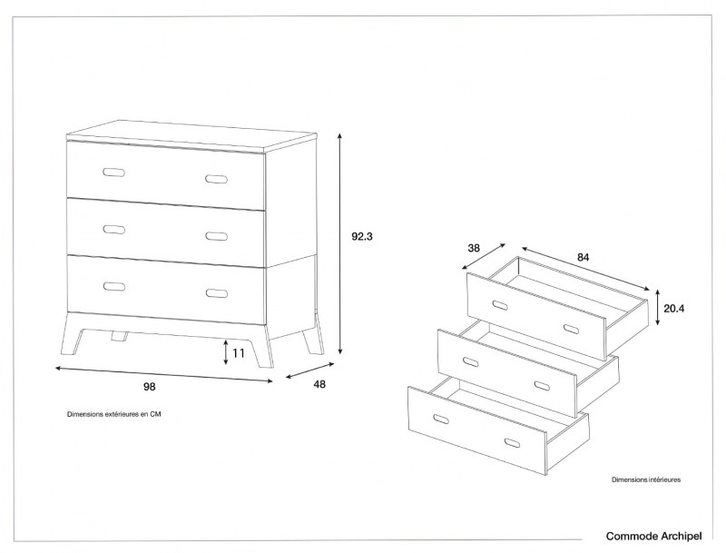 Archipel three-drawer dresser dimensions