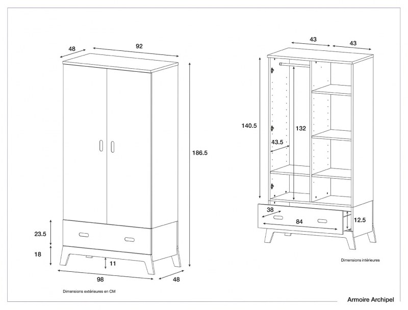 Dimensions de l'armoire deux portes et un tiroir Archipel