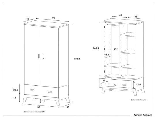 Archipel two-door one-drawer wardrobe dimensions