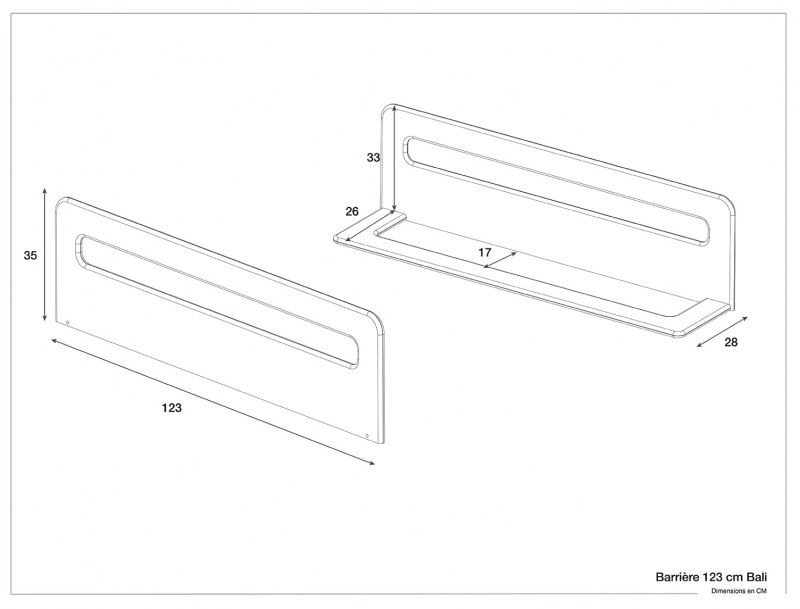 Dimensions of the Bali 123cm white barrier