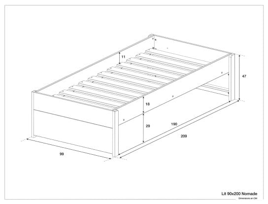 Klassiek bed 90x200 cm Nomade met lattenboden in grenen