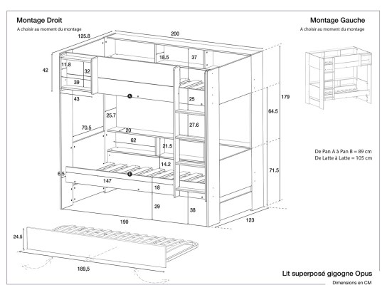 Dimensions du lit superposé 3 places Opus bois avec rangement.