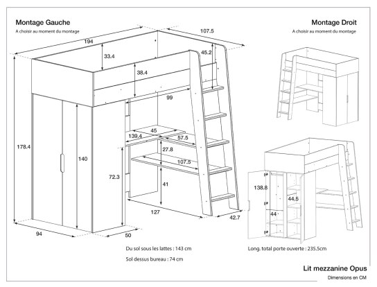 Dimensions du lit mezzanine Opus Blanc et Mousse