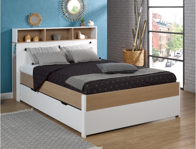 Nomade Doppelbett mit Kopfteil und zwei Schubladen zum Verstauen von Kleidung oder Bettdecke