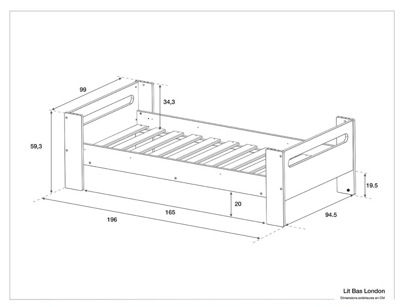 Dimensions of the London 90x190 low bed