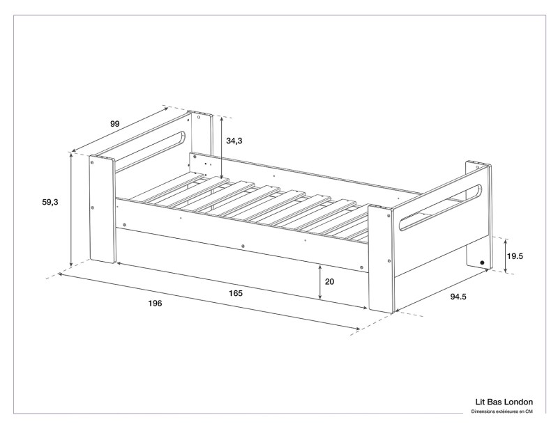 Dimensions du lit bas London 90x190
