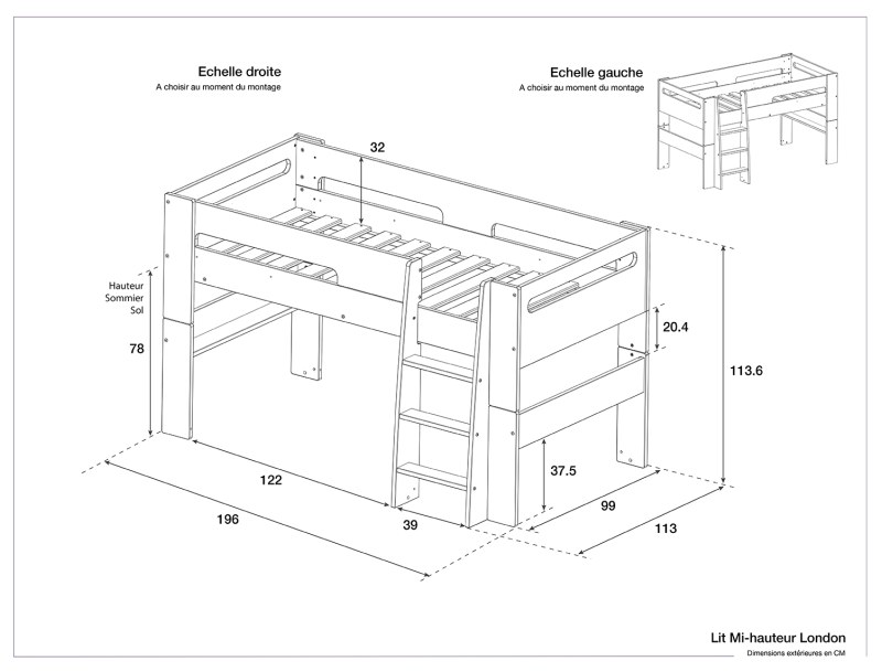 Dimensions of the London Anthracite children's mid-height bed