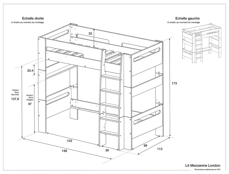 Dimensions du lit Mezzanine London blanc