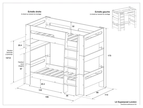 Dimensions of the London children's bunk bed