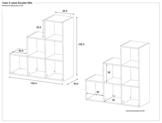Dimensiones cubo de almacenaje 6 compartimentos escalera blanco y madera