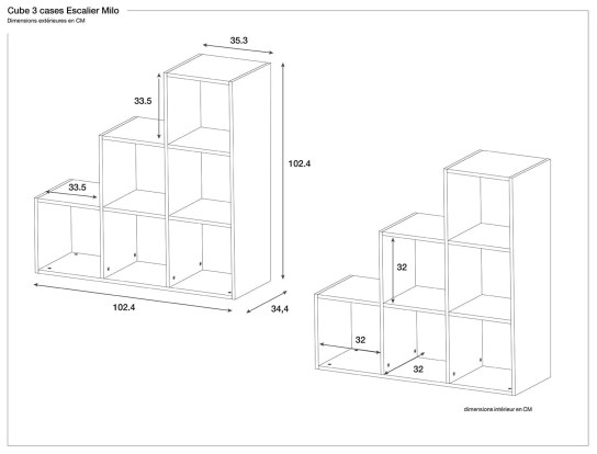 Dimensions cube de rangement 6 cases escalier blanc et bois