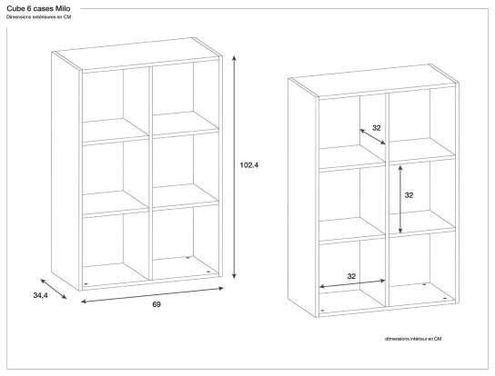 Dimensions of 6-compartment storage cube in white and wood