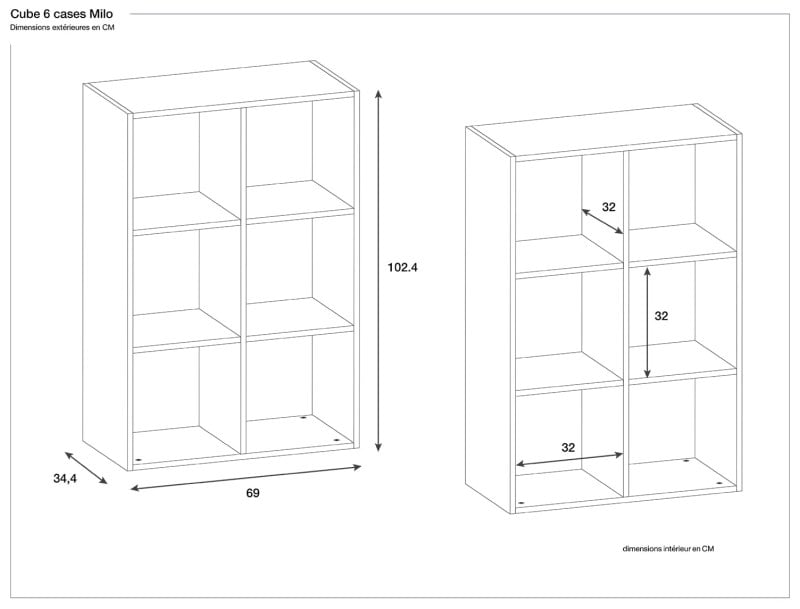 Dimensions cube de rangement 6 cases anthracite et bois
