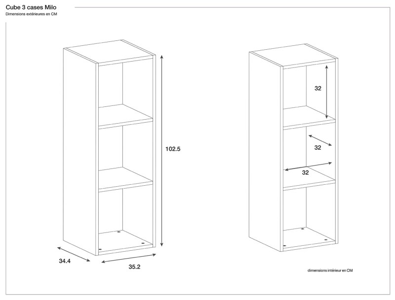 Dimensions of 3-compartment storage cube in white and wood