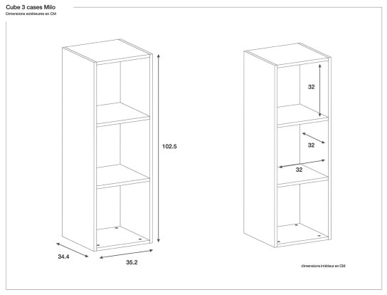Abmessungen Aufbewahrungswürfel 3 Fächer weiß und Holz