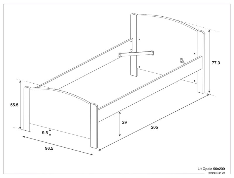 Afmetingen van het Opale bed 90x200 Wit