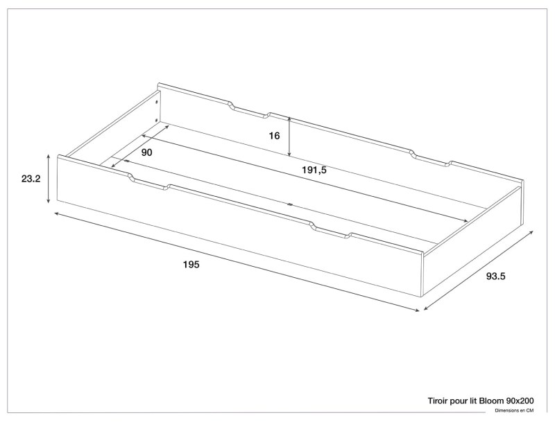 Dimensions of the Opale 90x200 Grey drawer