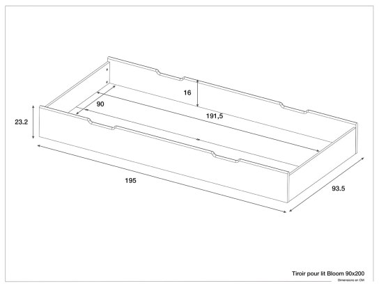 Afmetingen van de lade Opale 90x200 Onbehandeld hout