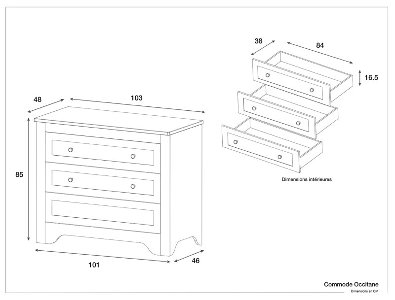 Dimensions of the Occitane dresser