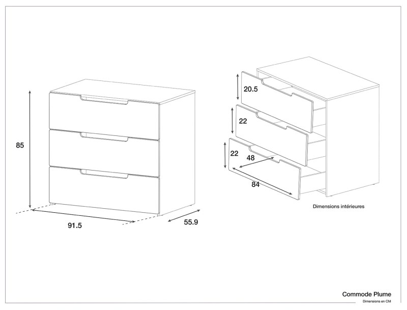 Dimensioni del comò Plume