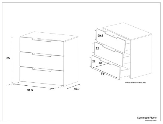 Dimensioni del comò Plume