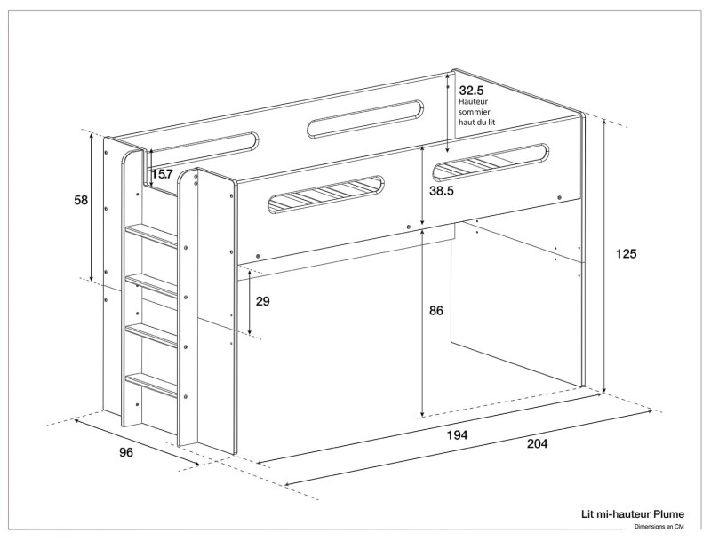 Dimensions of the Plume white mid-height bed