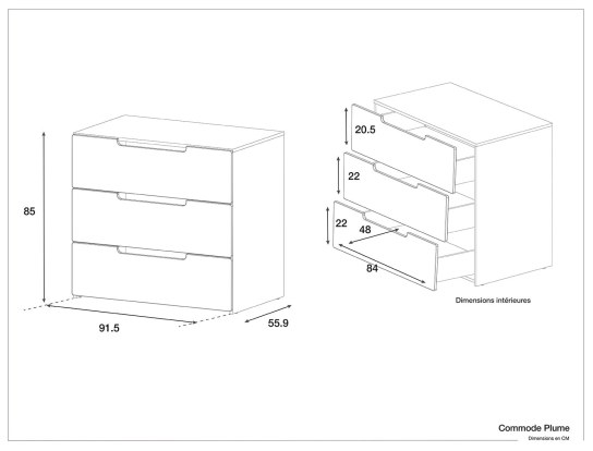 Dimensions de la commode plume 3 tiroirs