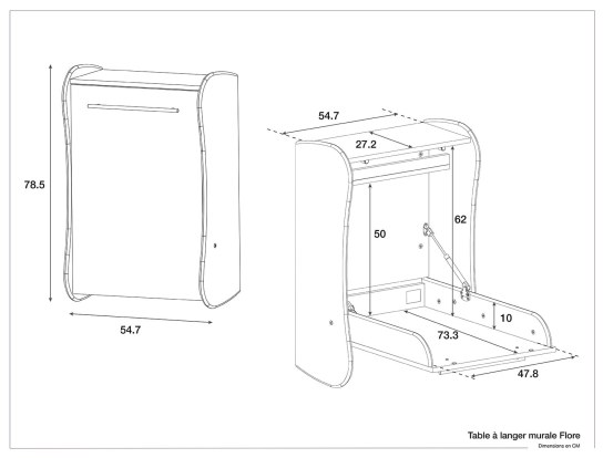Dimensions of the Flore White and Taupe changing table