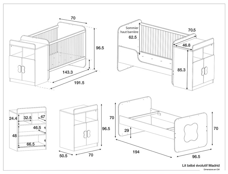 Dimensiones de la cama evolutiva para bebé Madrid Blanco