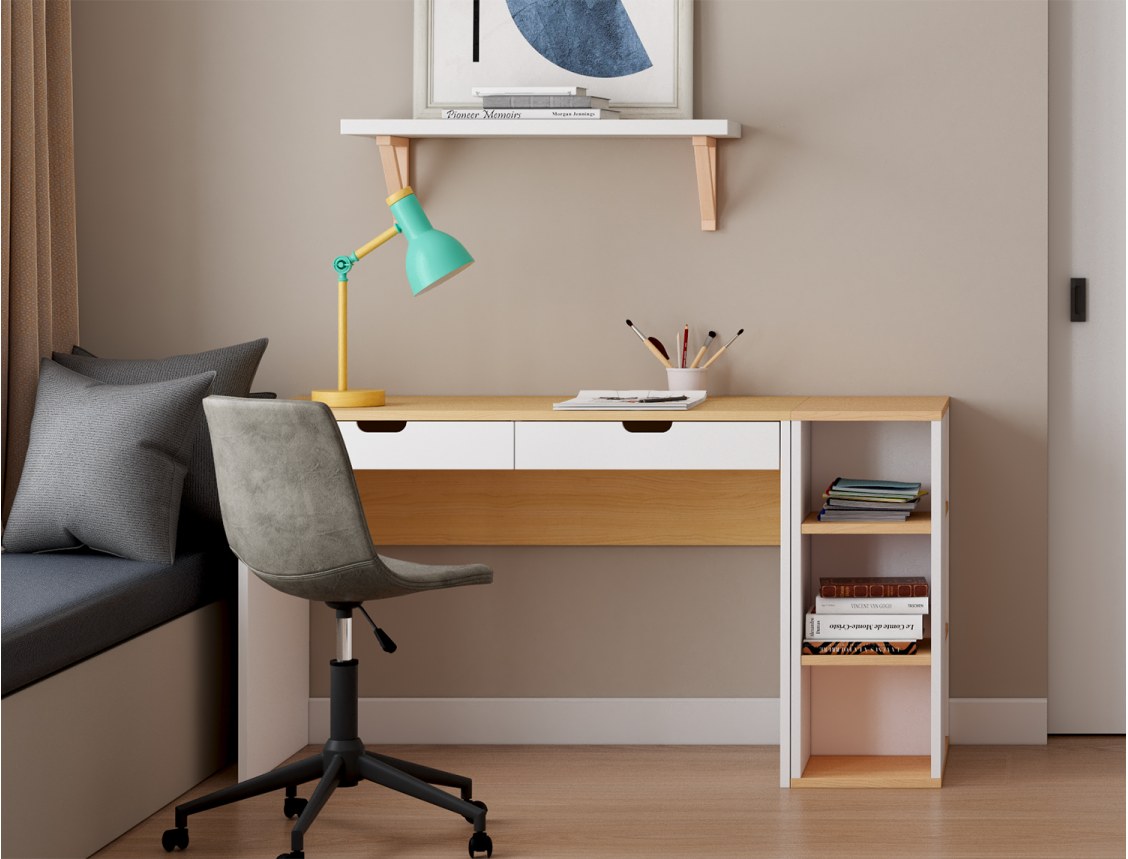 Bureau Blanc & Bois avec caisson MILOR