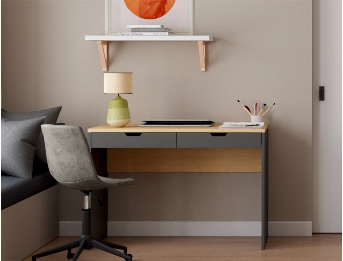 Antraciet en houten bureau met twee lades Milor