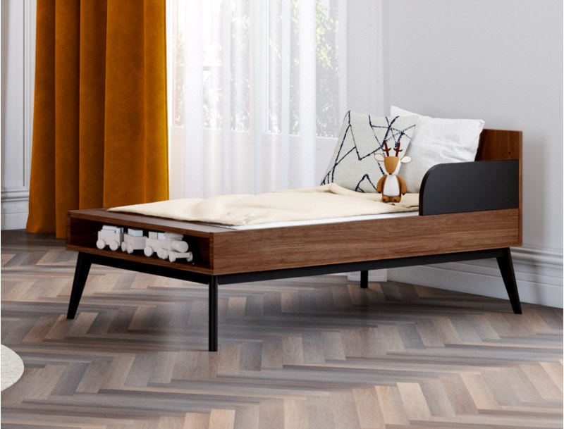 Lettino per bambini con contenitore in posizione letto evolutivo.