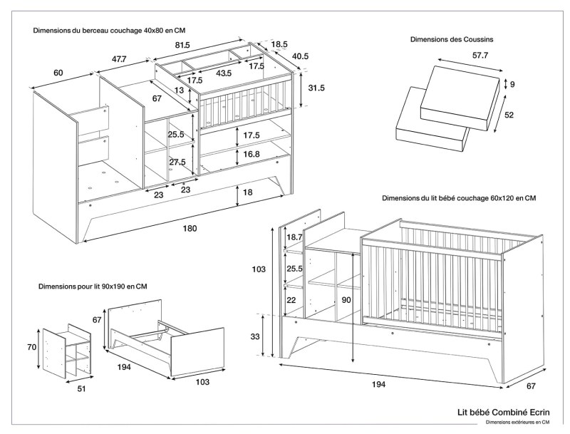 Afmetingen van het gecombineerde babybed Ecrin