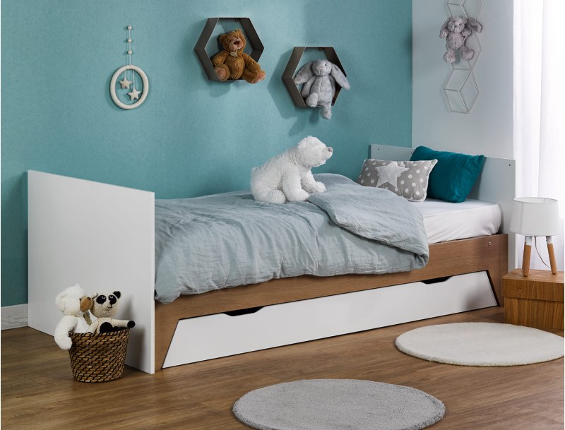 Converteerbaar combinatiebed voor baby wit/hout Ecrin in kinderbed versie met ligvlak 90x190 cm. Lade optioneel.