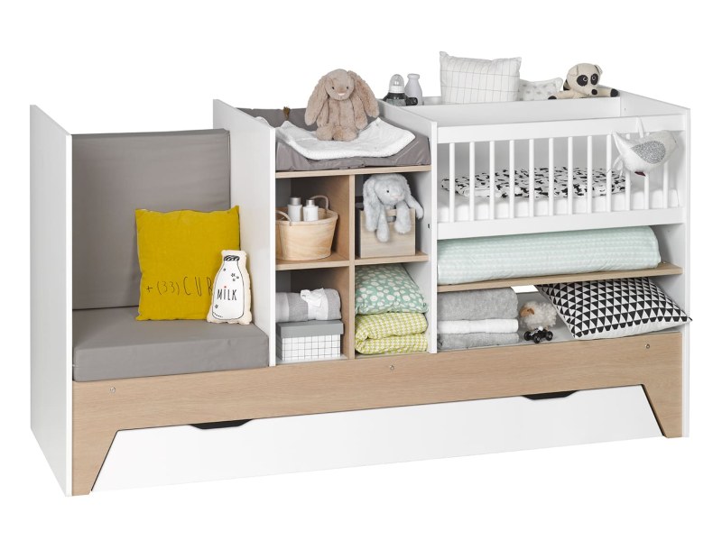 Combined baby bed - White & wood Ecrin convertible baby bed + Drawer