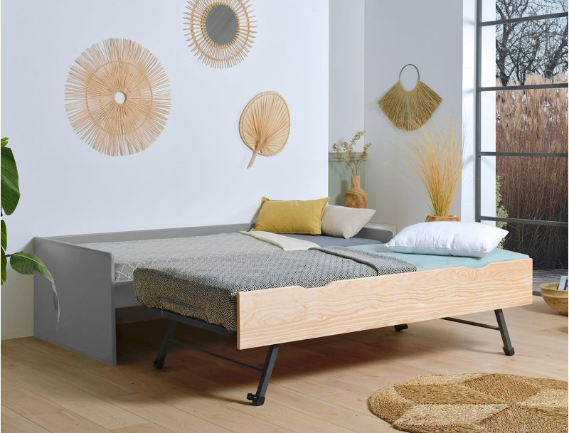 Lit gigogne Landes Gris et bois deux couchages