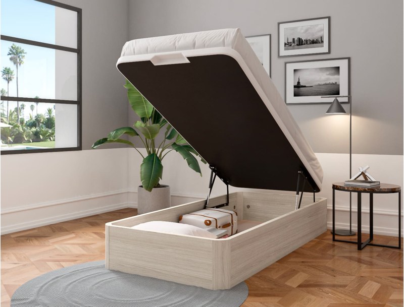 Letto contenitore in rovere sbiancato Malice con ampio spazio di stoccaggio