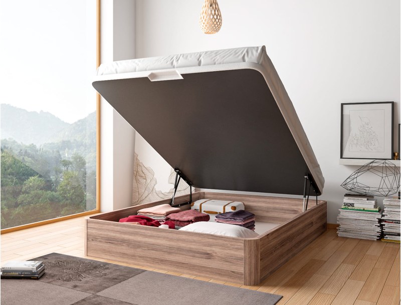 Lit coffre couchage 140x200 Grand rangement chêne naturel Malice