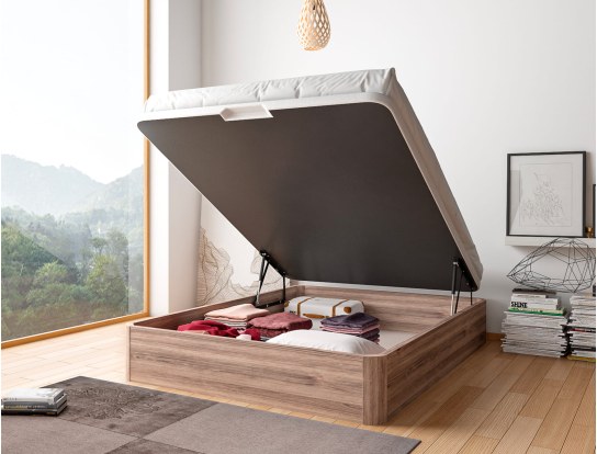 Lit coffre couchage 140x200 Grand rangement chêne naturel Malice