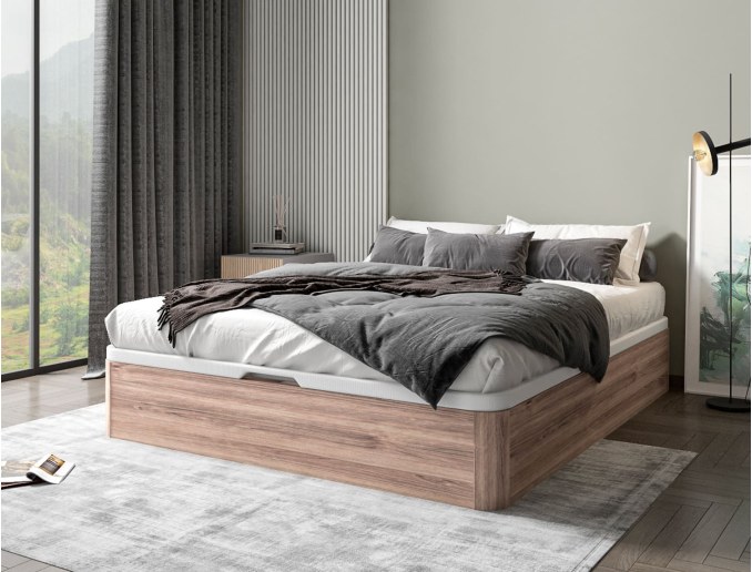 Cama con cajones de roble natural Malice, tamaño 160x200