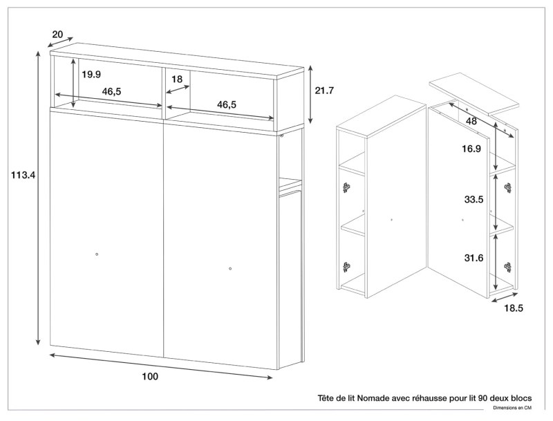 Dimensioni della testiera con rialzo 90 cm Nomade
