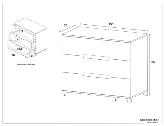 Afmetingen van de witte Milor commode