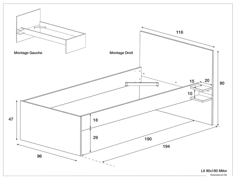 Dimensions du lit 90x190 Milor Blanc