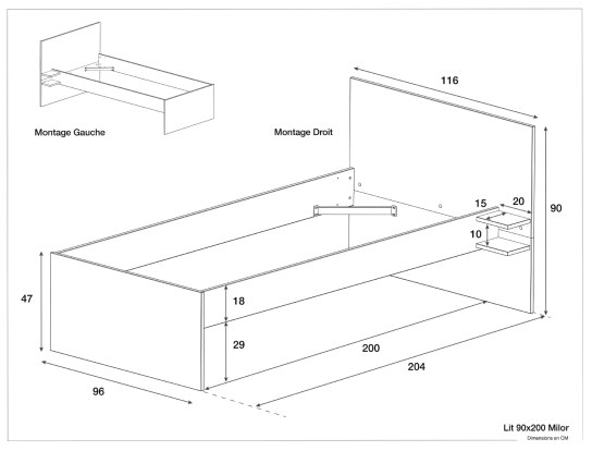 Dimensions of the 90x200 Milor White bed