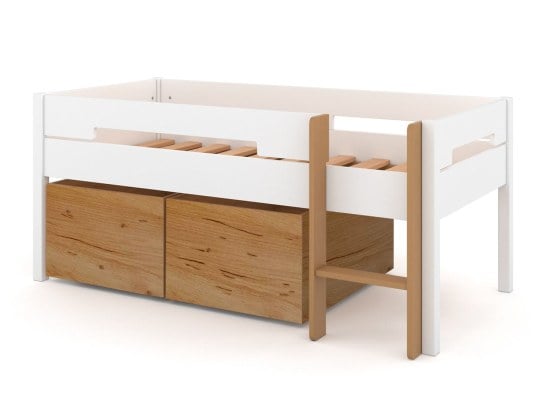 Hochbett mit zwei großen Staufächern 90x190 MILO - Weiß & Holz