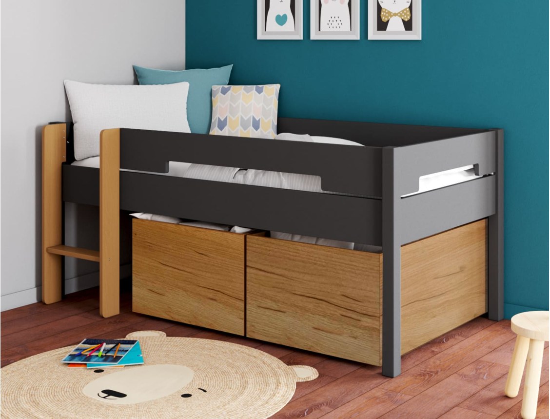 Mid-height bed - Mid-height bed with storage 90x190 MILO - Anthracite