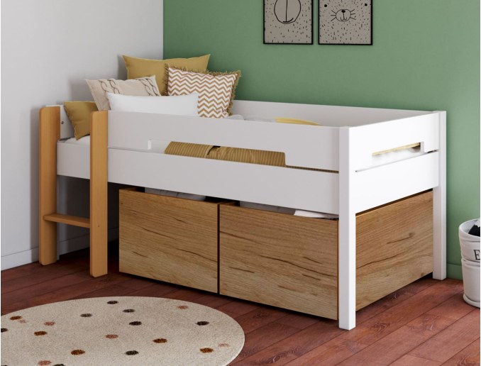 Halbhohes Bett - Halbhohes Bett mit Stauraum 90x190 MILO - Weiß & Holz
