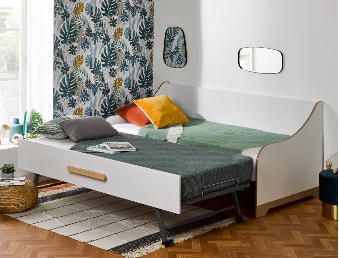 Letto estraibile divano 90x190 Bianco e legno con due posti letto